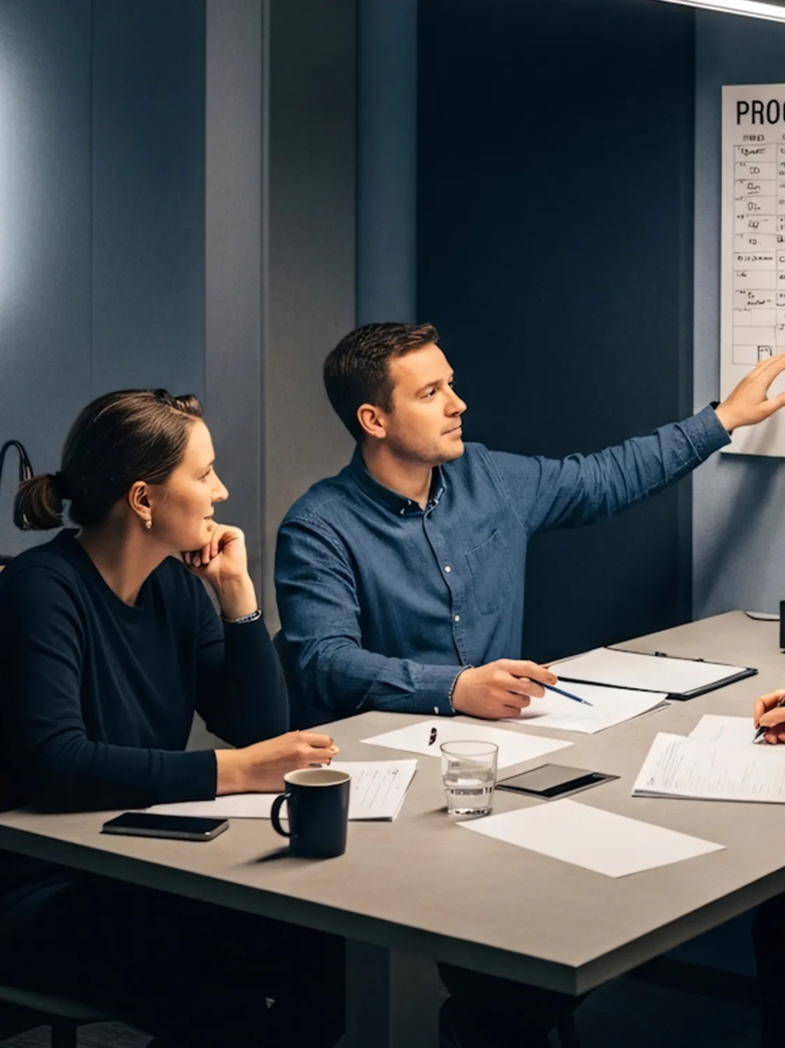 Two colleagues seated at a table reviewing documents while a man points to a board with a project plan.